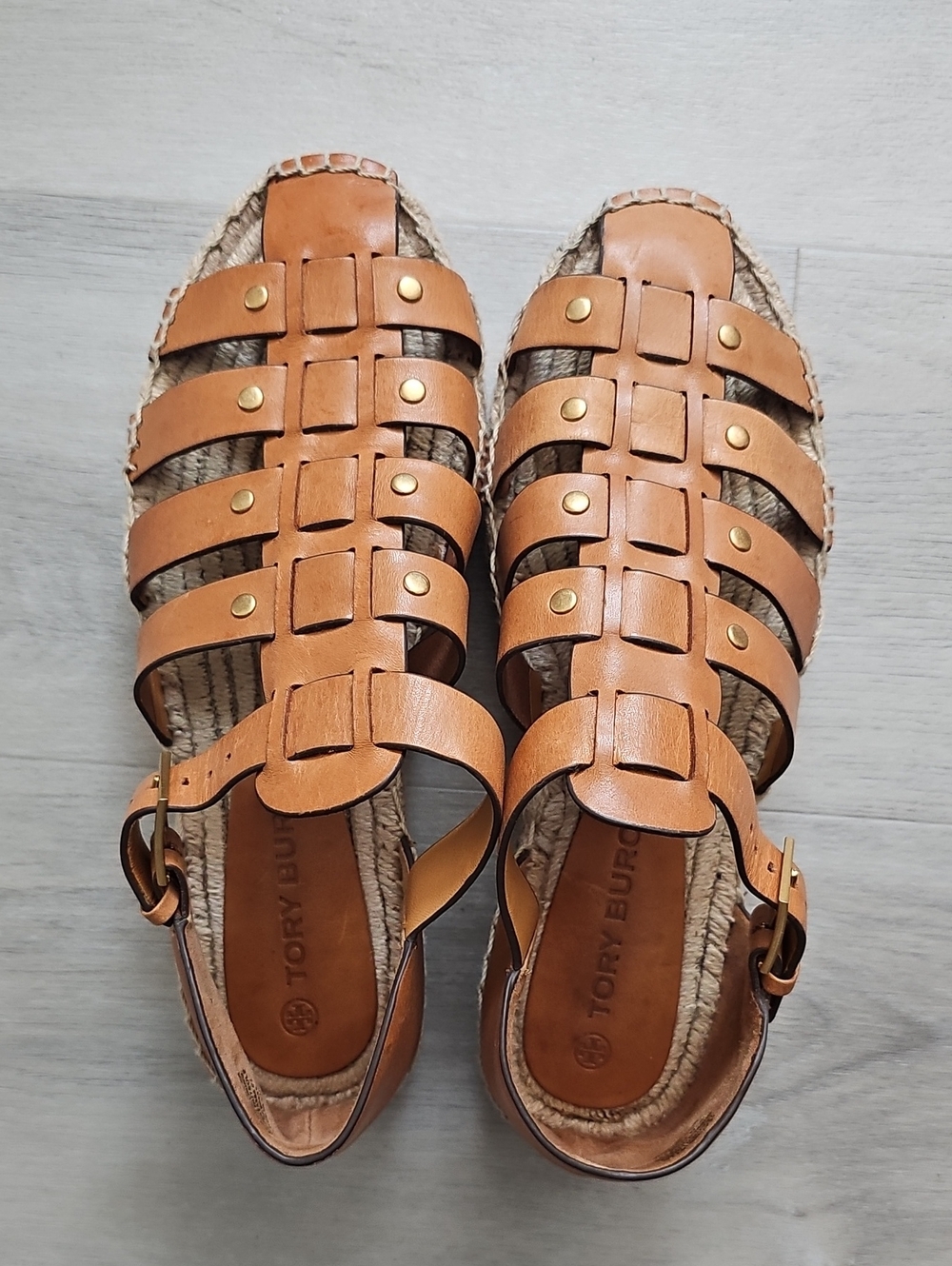 Tory Burch Cognac Leather Woven Gladiator Espadrille Sandals